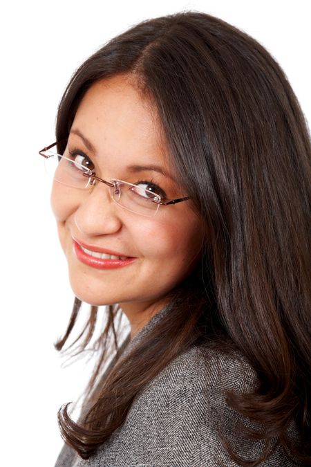 business woman portrait smiling and wearing glasses isolated over a white background