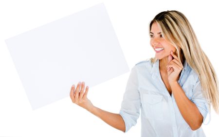 Beautiful woman holding a banner - isolated over a white background