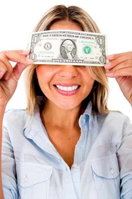 Greedy woman blinded by money - isolated over a white background