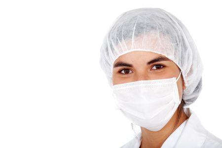 female doctor with a hat and a mouth cover isolated over a white background