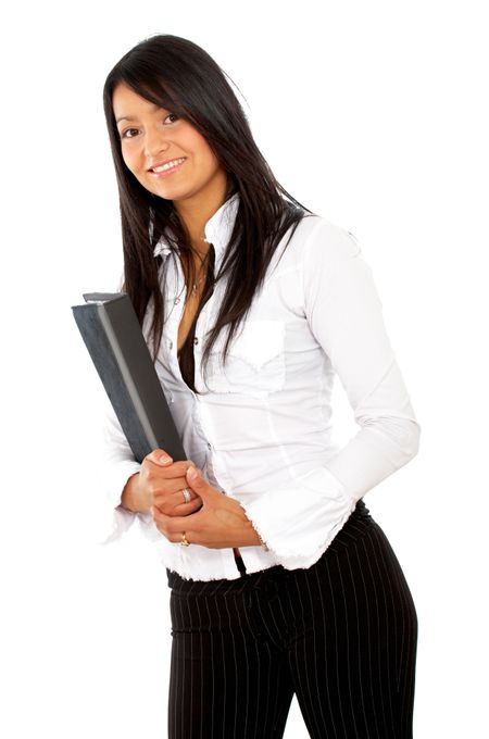 business woman portrait smiling with a folder isolated over a white background