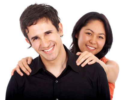 diverse happy couple of young adults portrait smiling isolated over a white background
