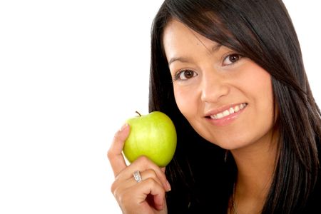woman eating healthy fruit smiling isolated over a white background