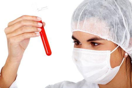 doctor examining a blood sample in a test tube over a white background