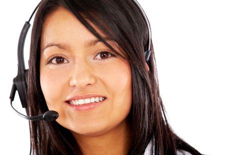 beautiful businesswoman customer service representative - smiling isolated over a white background