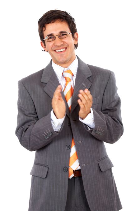 business man clapping and smiling isolated over a white background