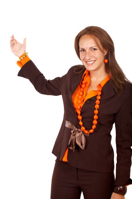business woman doing a presentation smiling - isolated over a white background