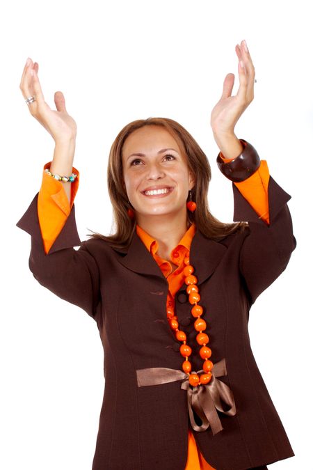 business woman holding something between her hands isolated over a white background