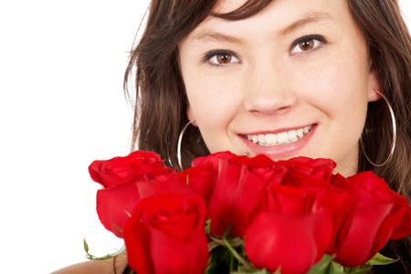 fashion portrait of girl with red roses over a white background
