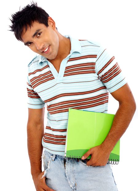 casual student with a notebook - isolated over a white background