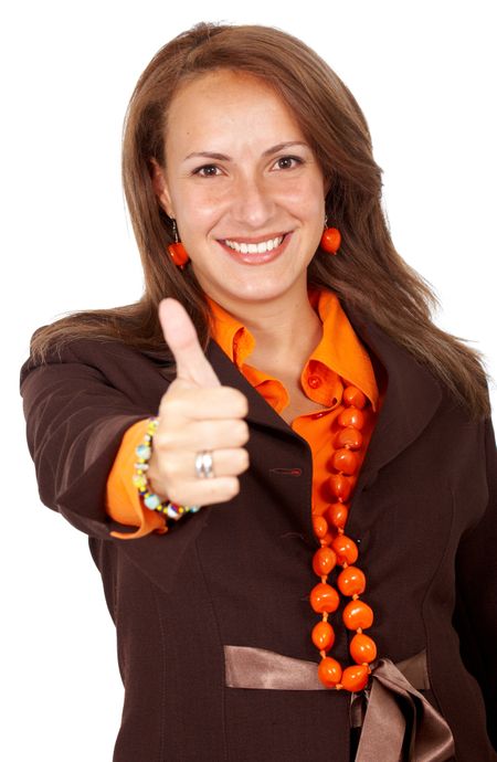 business woman doing the thumbs up sign smiling - isolated over a white background