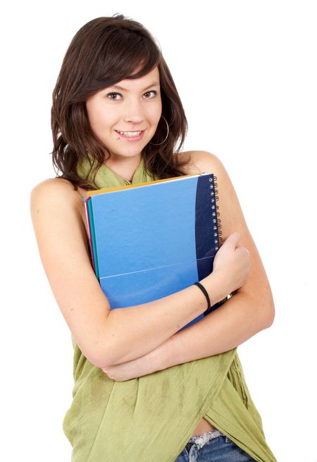 college student smiling and holding notebooks - isolated over a white background