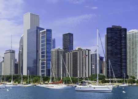 Boater's view of Chicago skyline in summer