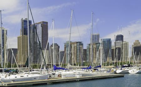 Boater's view of Chicago skyline near Navy Pier in summer
