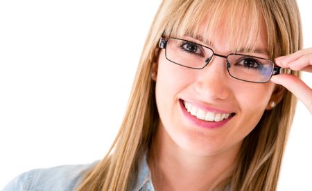 Happy woman wearing eyeglasses - isolated over a white background