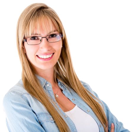 Casual woman smiling and wearing glasses - isolated over a white background