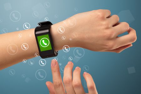 Female handwearing a ringing smartwatch with call icons around