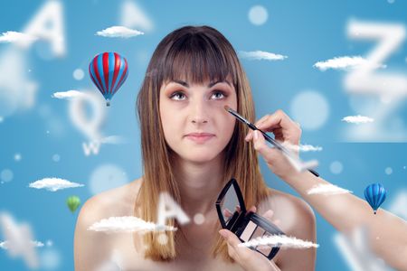 Young brunette woman smiling at hairdresser with clouds and air balloons around
