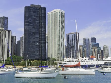 Boater's view of Chicago skyline near Navy Pier in summer