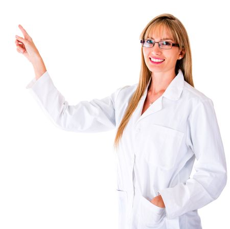Doctor pointing at something with her finger - isolated over white
