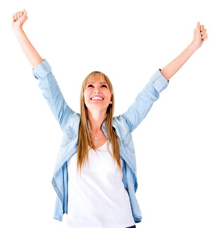 Woman with arms up - isolated over a white background