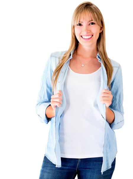 Confident woman smiling - isolated over a white background