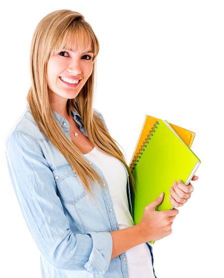 Female student holding notebooks - isolated over a white background