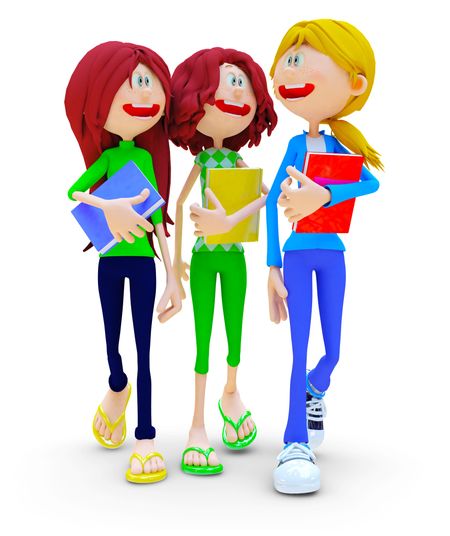 3D female students talking - isolated over a white background