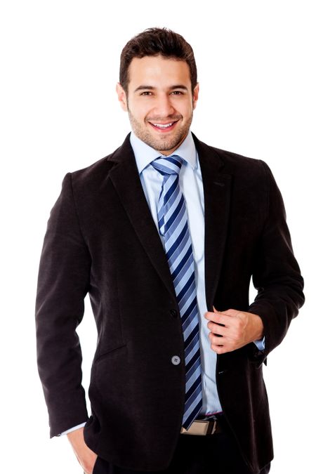 Happy business man in a suit - isolated over a white background