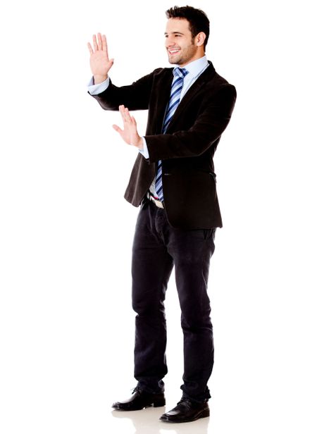 Business man moving something imaginary - isolated over white