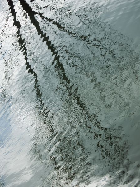 Zigzag reflection of tree and cloudy sky on agitated pond