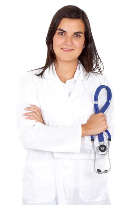 friendly woman doctor smiling isolated over a white background