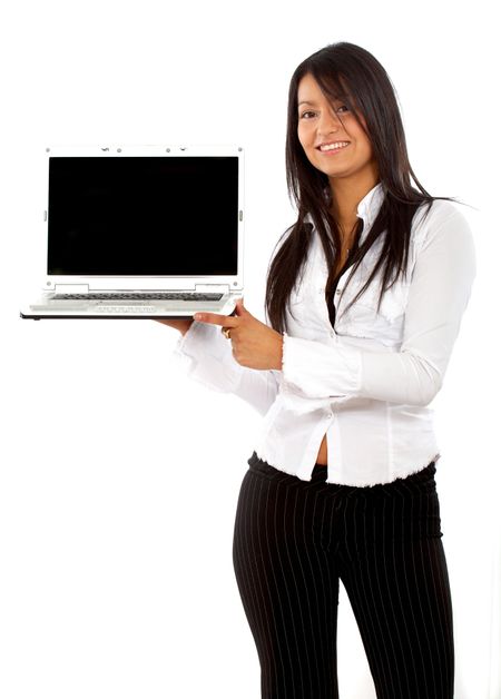business woman working on a laptop - isolated over a white background
