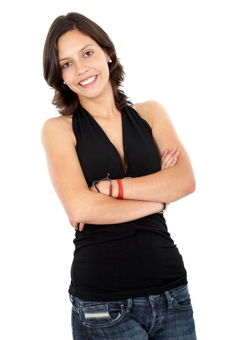 casual woman smiling in black isolated over a white background