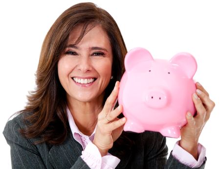 happy-businesswoman-savings-piggybank-isolated-110335754 Happy businesswoman with her savings in a piggybank - isolated