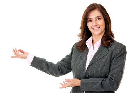Business woman presenting something - isolated over a white background