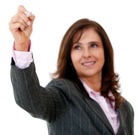 Business woman writing on an imaginary screen - isolated