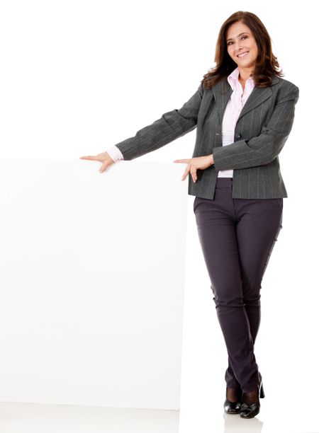 Businesswoman with banner - isolated over a white background