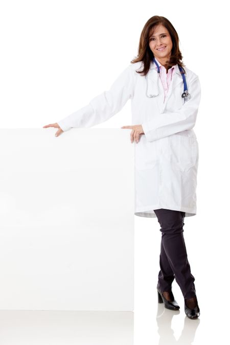 Female doctor with a banner - isolated over white background