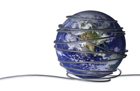 globe with wire around it conveying worldwide online security