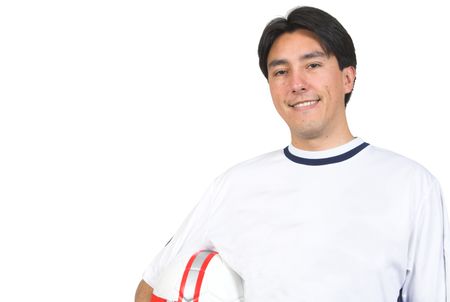 casual guy over white holding a soccer ball