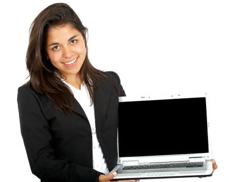 business woman working on a laptop - isolated over a white background