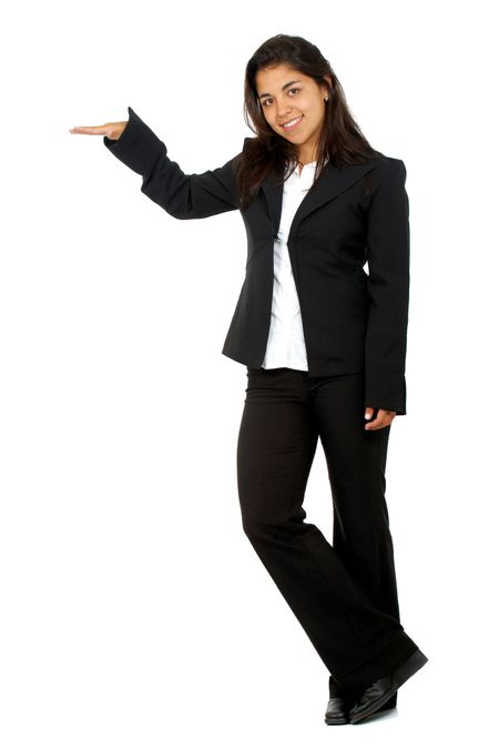 Business woman with hand on something imaginary - isolated over a white background