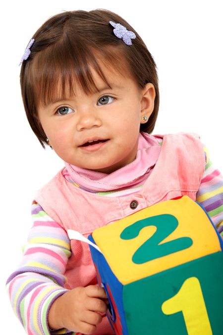 preschool girl smiling isolated over a white background