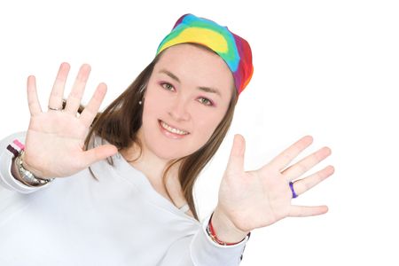 beautiful girl with a friendly face showing her palms
