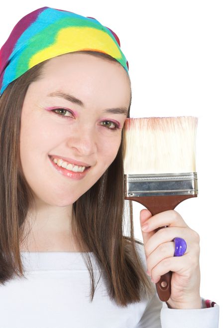 beautiful girl holding a brush over a white background
