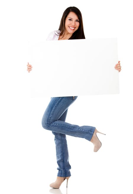 Excited woman with a banner ad - isolated over a white background