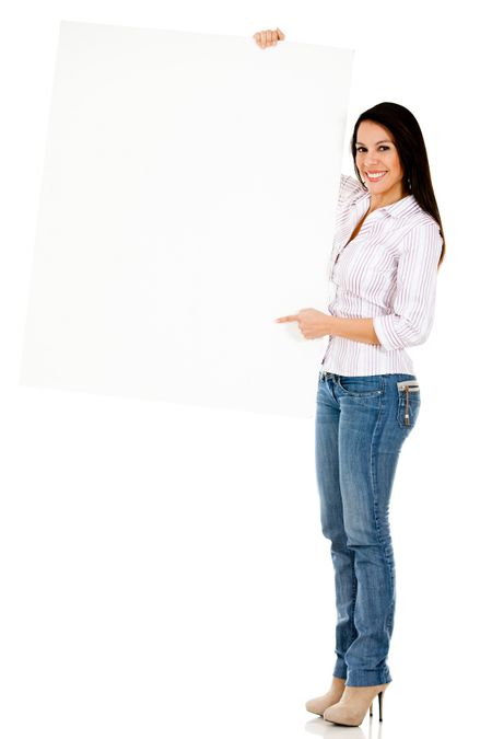 Happy woman holding a banner - isolated over a white background