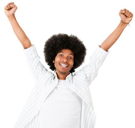 Excited black man with arms up - isolated over a white background
