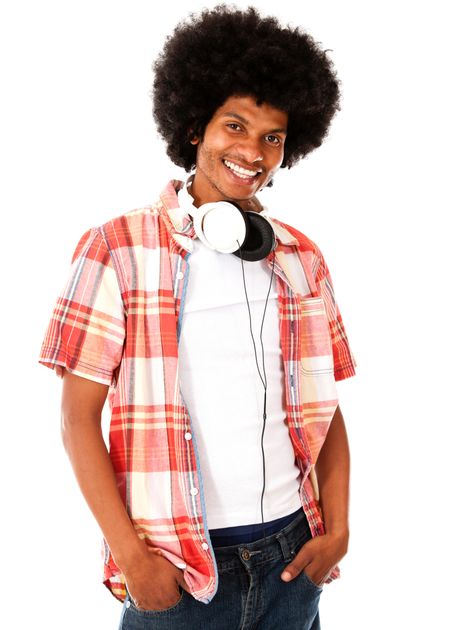 Cool black man with headphones - isolated over a white background
